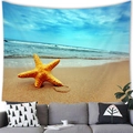 Blue sky beach tapestry with yellow starfish design hanging over a modern sofa - Yellow Starfish (Style 7)