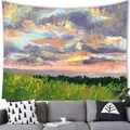 Tapiz artístico con pintura al óleo de un paisaje al atardecer sobre campos verdes - 100X70 / Pintura de Brillo del Atardecer (22)