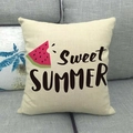 Linen cushion cover with watermelon print and Sweet SUMMER text on grey sofa - Sweet Summer Watermelon (31)