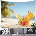 Tropical beach tapestry featuring starfish and fruit drinks hanging above a sofa - Beach Drinks (Style 9)