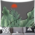 Modern tropical monstera leaf wall tapestry with orange sun over grey sofa - 100x70cm / Peach Skin / Pattern 8