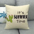 Linen summer pillow case featuring green cactus illustration and It's SUMMER Time text - Summer Time Cactus (32)