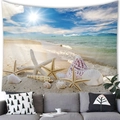 Blue ocean beach landscape wall tapestry with starfish and shells over gray sofa - Morning Beach (Style 10)