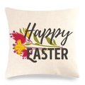 Λεπτομέρεια με γράμματα Happy Easter και πολύχρωμα λουλούδια σε λινή μπεζ μαξιλαροθήκη - Στυλ 18 / 45x45cm