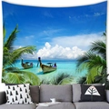 Tapisserie de plage tropicale avec mer bleue et bateaux sur un canapé gris - Bateau Longtail sur Plage (Style 5) / 100x70cm (Peau de pêche)