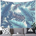 Tropical blue and teal leaf tapestry hanging over a grey sofa in a modern room - 100x70cm / Peach Skin / Pattern 10