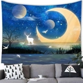 Dreamy starry sky tapestry featuring a yellow crescent moon and white deer silhouette - Moon and White Deer (Style 5)