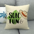 Linen summer cushion cover with Sun Fun text and straw hat print on beige fabric - Sun Fun Straw Hat (35)