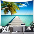 Tapisserie de plage tropicale avec cocotiers et vue sur mer sur un canapé gris - Jetée Vue Mer Bleue (Style 6) / 100x70cm (Peau de pêche)