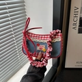 Retro-Stofftasche mit Karomuster, Kirsch-Aufnäher und Spitze für Damenmode - Rot