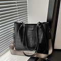 Large black crocodile pattern tote bag with woven strap and premium faux leather finish - Black