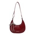 Dark red patent leather crescent shoulder bag with silver bead bow and fashion logo - Red