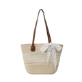 Beige Stroh-Tragetasche mit Netz-Kontrastdesign und braunen Lederriemen für den Sommerstrand - Cremeweiß (Mit Anhänger)