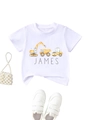 Detaillierte Nahaufnahme eines weißen Kinder-T-Shirts aus Baumwolle mit Baufahrzeugen - 90cm / Weiß