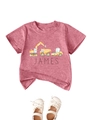 Detail of dusty rose heather kids' T-shirt with construction truck prints and James text - 90cm / Peach