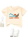Detail eines Kinder Lake Tahoe T-Shirts mit Retro-Bergdruck und Rundhalsausschnitt - Aprikose / 90cm