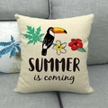 Linen square pillow with tropical toucan design and SUMMER IS COMING typography - Summer Is Coming Toucan (36)