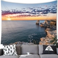 Detail of tropical sunset beach tapestry hanging above a sofa for home wall decoration - Rugged Coastline Rocks Sunset Style (13)