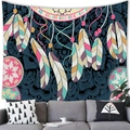 Detail of dreamcatcher tapestry with feathers hanging over a modern sofa in a living room - 100X70 / Peach Skin / Deep Blue Mandala Dreamcatcher Style
