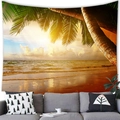 Detailed texture of tropical sunset tapestry showing palm trees on a modern living room wall - Seaside Palm Grove Sunset Style (10)