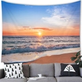 Detail of tropical sunset beach tapestry hanging above a modern sofa in a living room - Warm Tone Sunset Waves Style (8)