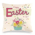 Federa cuscino pasquale in lino con narcisi gialli e scritta Happy Easter To You - 45x45cm / Cesto di Fiori Blu Benedizione di Pasqua (5)