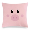 Detail of pink linen pillowcase featuring a cute cartoon pig face with textured fabric - Piggie Style