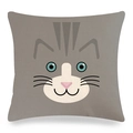 Detailed view of square linen pillowcase with cute cartoon cat face print on gray background - Grey Cat Style