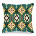 Gros plan sur la texture du lin et les motifs géométriques ethniques de la housse de coussin - 45cmx45cm / Style Géométrique Tribal Vert Jaune (7)