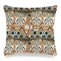 Fodera per cuscino in lino con motivo geometrico ikat blu e marrone su sfondo bianco - 45cmx45cm / Stile Tribale Blu Lago Marrone Terra (3)