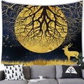 Detail of tree of life tapestry with golden moon and elk silhouette above a gray sofa - Deep Blue Gold Moon Tree of Life (Style 1) / 100x70cm (Peach Skin Fabric)