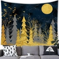Detailed view of an oil painting style mountain forest tapestry hung over a sofa - Blue Gold Moon Forest (Style 3) / 100x70cm (Peach Skin Fabric)