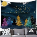 Detail of the high-contrast starry night and forest silhouettes on a fabric wall tapestry - Colorful Galaxy Moon Forest (Style 4) / 100x70cm (Peach Skin Fabric)