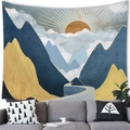 Arazzo con paesaggio montano astratto e sole appeso sopra un divano moderno - 100x70(Pelle di Pesca) / Sole d'Oro Montagne Blu(10)