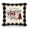 Detail of linen Christmas pillow case with black buffalo plaid and festive typography - Wonderful Time Xmas Tree Style (13)
