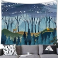 Arazzo paesaggistico moderno con alci e foresta per decorazione murale del soggiorno - Alce della Foresta Verde Scuro Indaco (Stile 15) / 100x70cm (Tessuto Pelle di Pesca)