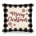 Detail view of Merry Christmas print on black and white buffalo check linen pillow cover - Snowflake Merry Christmas Style (6)