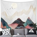 Arazzo paesaggio montano astratto con onde dorate e luna per decorazione pareti - 100x70(Pelle di Pesca) / Montagne stratificate viola (15)