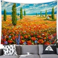 Tapiz impresionista con campo de flores rojas y diseño de casa rústica - 100X70 / Casa de Pueblo con Amapolas (12) / Piel de Melocotón