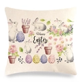 Détail de la housse de coussin de Pâques en lin avec lapins, œufs et motifs floraux - Style 17