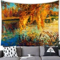 Tapiz impresionista con paisaje otoñal y sauce llorón colgado sobre un sofá moderno - 100X70 / Reflejo de Lago de Otoño (14) / Piel de Melocotón