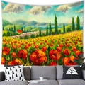 Tapiz decorativo con pintura al óleo impresionista de campos de flores y montañas - 100X70 / Mar de Amapolas Rojas (15) / Piel de Melocotón