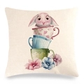 Easter rabbit in teacup linen pillowcase with watercolor floral design for home sofa decor - Style 2