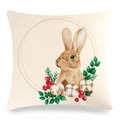 Detail of watercolor rabbit print on beige linen pillowcase with cotton and berries - Watercolour Rabbit with Flowers (33) / 18x18 Inch