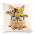 Detailed macro view of the linen texture and artistic watercolor bunny print on pillow cover - Rabbit with Sun Hat and Glasses (27) / 18x18 Inch