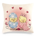 Close-up of linen pillowcase with cute cartoon Easter chicks and red heart patterns - Simple Hatching Chickens Style (9)