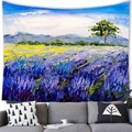 Tapiz de paisaje al óleo con campos de lavanda púrpura y montañas para decorar paredes - 100X70 / Árbol Único de Lavanda (16) / Piel de Melocotón