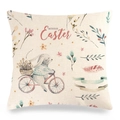 Housse de coussin en lin de Pâques avec lapin à vélo et motifs floraux aquarelle - Style 9