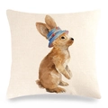 Easter bunny linen throw pillow cover with watercolor rabbit wearing a blue sun hat - Rabbit with Blue Hat Standing (2) / 18x18 Inch