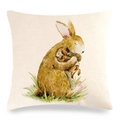 Easter bunny watercolor print linen pillowcase for sofa featuring a cute rabbit hug - Hugging Rabbits on Grass (3) / 18x18 Inch